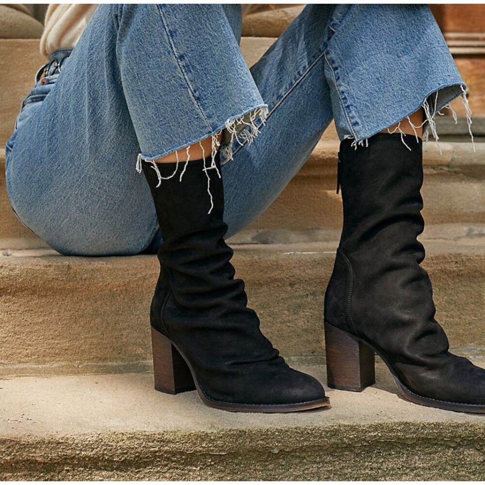 Free People Elle Block Heel Slouchy Boots Women's Size 11 Black Nubuck Suede NEW